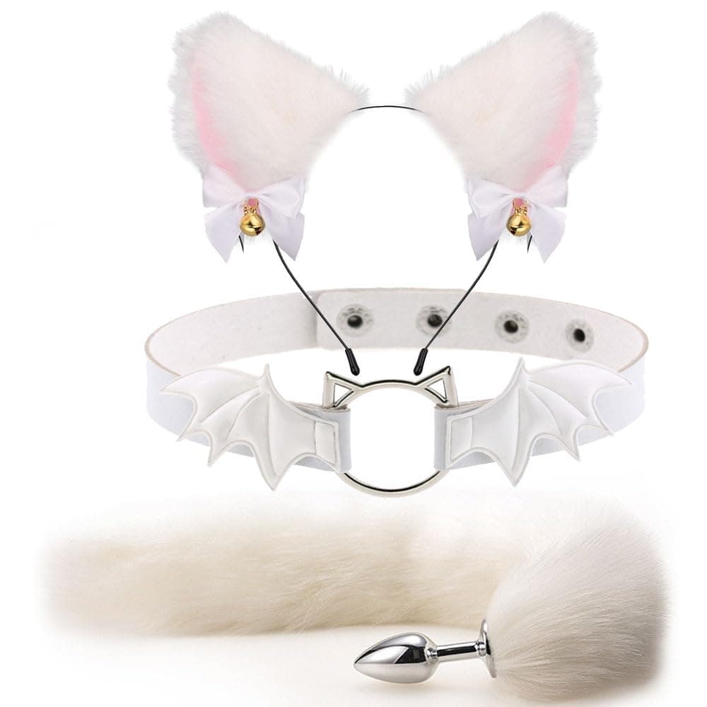 Fox Animal Costume Set Furry Ear Headband Fox Tail Bell Anal Plug-Animal Sexual Anus Bat Leather Choker Necklace Valentines Day Cosplay