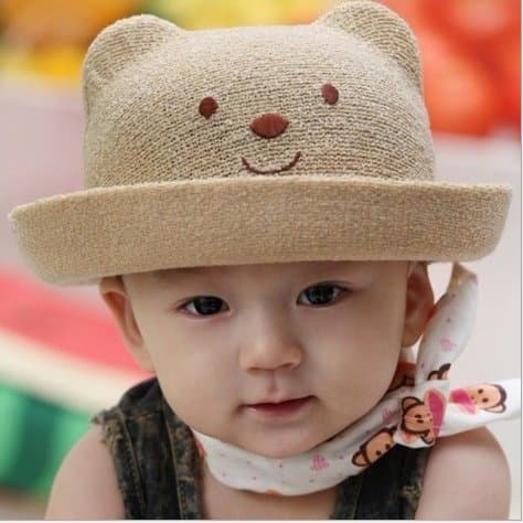 Brown flax straw hat Korean boys and girls summer Korean cute cartoon bear basin cap sun visor