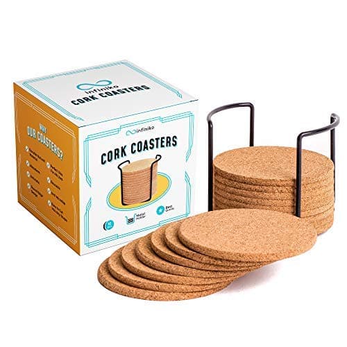 Infiniko Natural Cork Coasters With Holder, 16pcs Absorbent Saucers Set, 1/5" Thick 4” Wide Round Edge Eco-Friendly Design, Reusable For Drinks Glasses Coffee Cups & Mugs