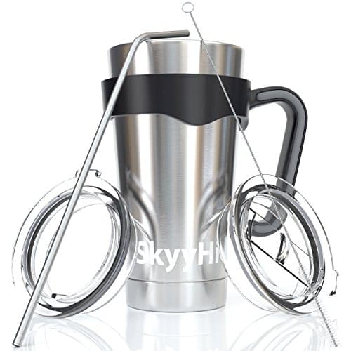 6-Piece Stainless Steel Vacuum Insulated Tumbler Set (20 oz or 30 oz Tumblers), Tea Cup or Coffee Travel Mug with Handle, 2 Lids, Straw & Brush - Double Wall Insulation for Hot & Cold Drinks