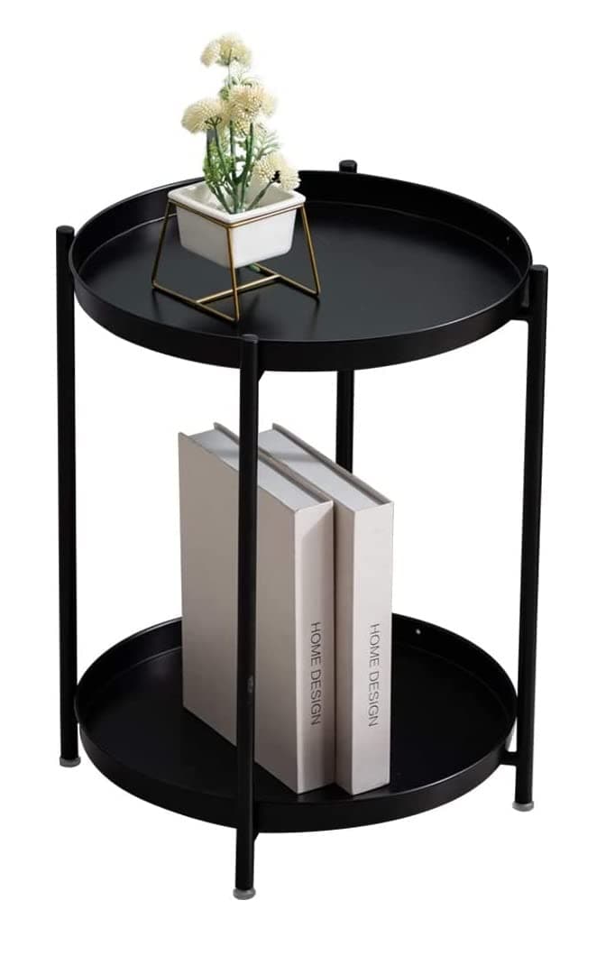 - Side Table, 2-Tier Round Tray Table, Steel, Night Table, Easy Assembly, Cafe Table, (Black, Metal)