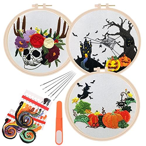Embroidery Kits 3 Pieces Cross Stitch Kit for Beginners and Adults DIY Halloween Crafts Embroidery Kit Hand Embroidery Kit with 3 Unique Embroidery Pattern, Needlepoint Kit Funny Starter Kit for Decor