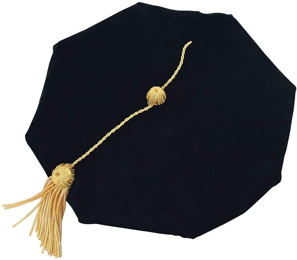 GraduatePro Doctoral Graduation Tam PhD Blue/Black Velvet with Gold Bullion Tassel, 8-Sided/6 Sided/4 Sided Doctorate Cap