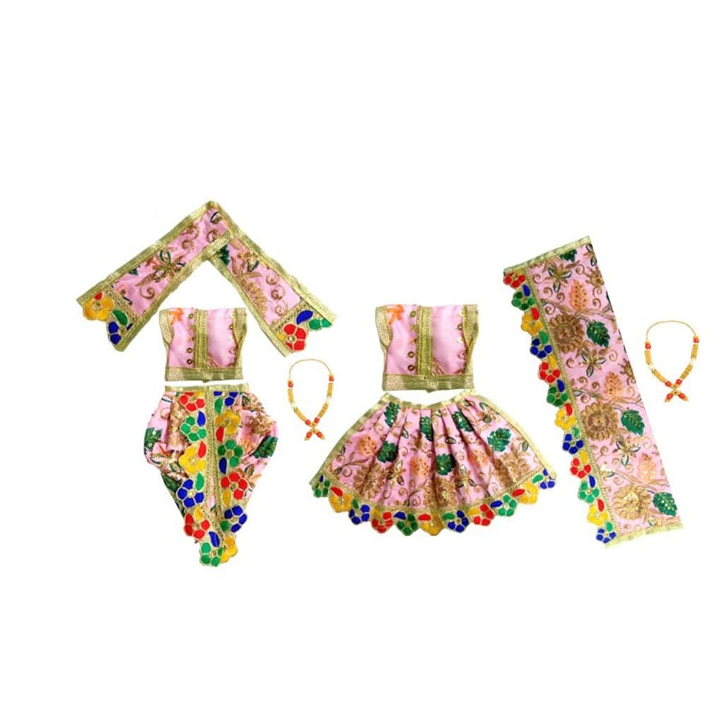 MURLIWALE Handcrafted Radha Krishan, Jugal Kishor Vastra/Poshak/Dress for Standing Idol, Made of Silk Cloth. Combo of 2 Dresses and 2 Mala. Dress Size: Choli 2.5 Inch + Dhoti/Lehenga 4 Inch.