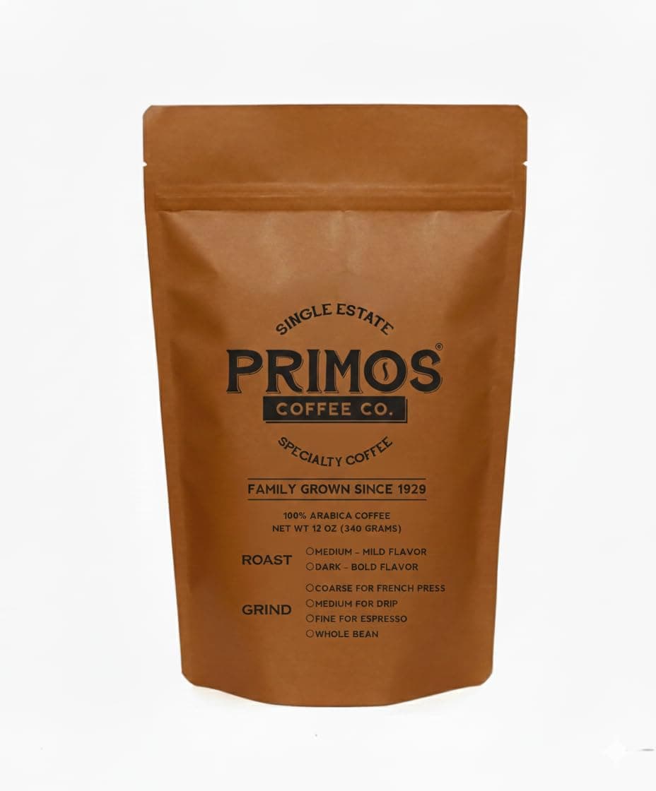 French Press Specialty Coffee, Coarse Ground, Primos Coffee Co (Dark Roast, 12 Oz)