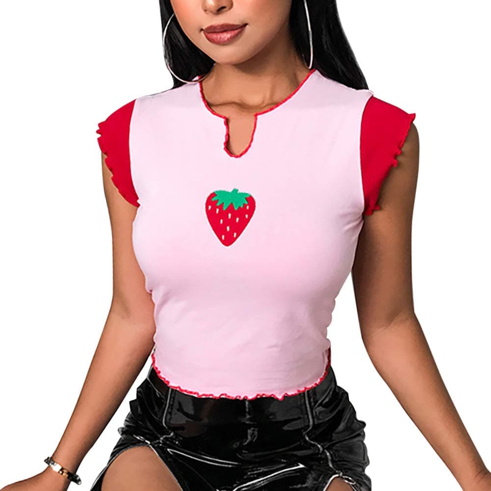 SansoiSan Women Strawberry Printed Bodycon Cute Korean Style Summer T-Shirt Crop top Small, Pink