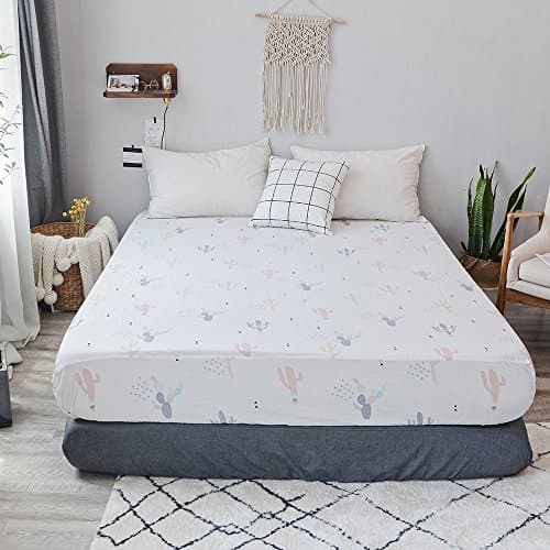 PinkMemory Queen White Fitted Sheet Cactus Print Boys Girls Fitted Bed Sheet Cotton with 20" Deep Pocket All-Around Elastic Only Fitted Sheet