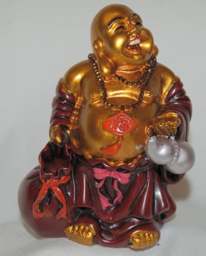 5" Chinese Resin Red & Gold Buddha w/ Bags & Guord Figurine Sculpture