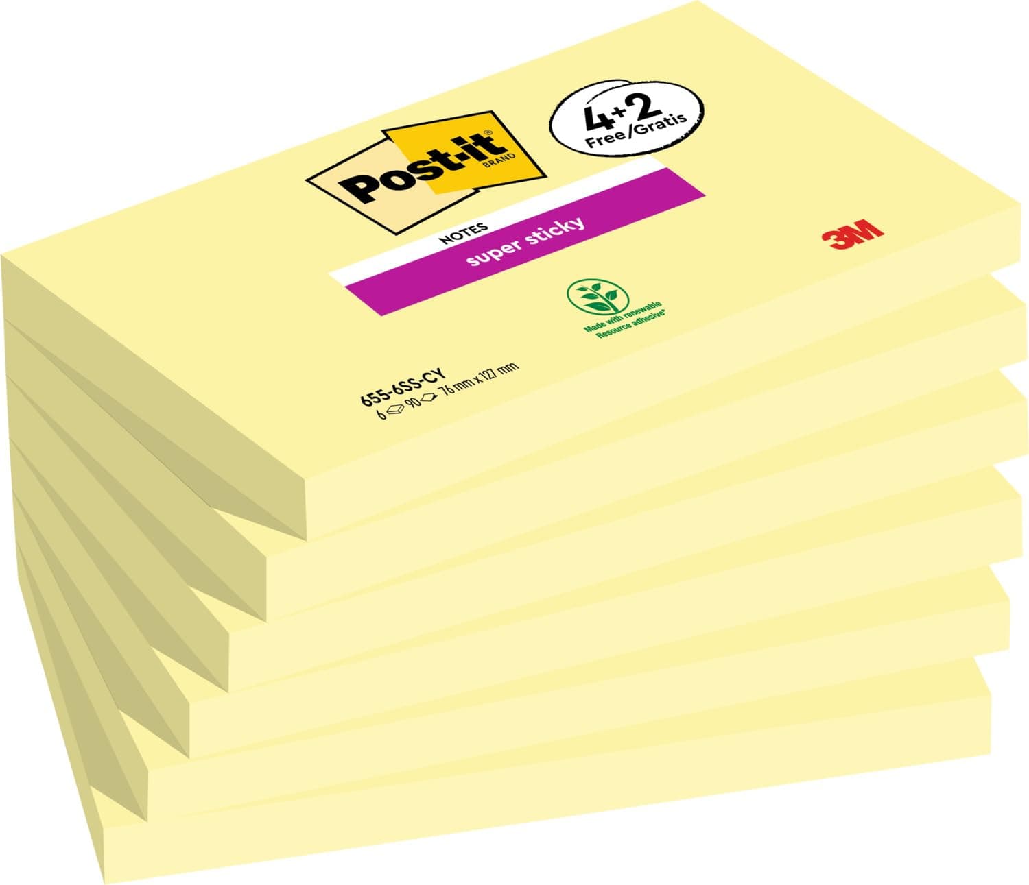 Super Sticky Notes, Double The Sticking Power, 4 + 2 Free Pads, 540 Sheets, 76 mm x 127 mm, Canary Yellow - Self-Sticking Notes for Walls, Monitors and Fridge