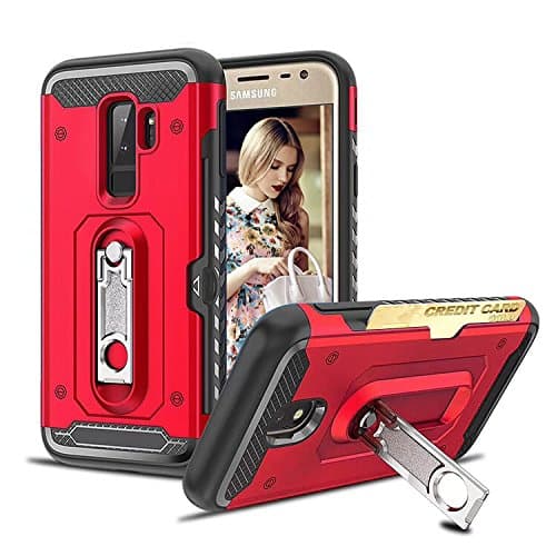 Galaxy A8 Plus 2018 Case,Suordii Heavy Duty Dual Layer Shockproof Air Cushion Bumper Protective Case with Kickstand and Credit Card Holder Slot Case for Samsung Galaxy A8 Plus 2018 (red)