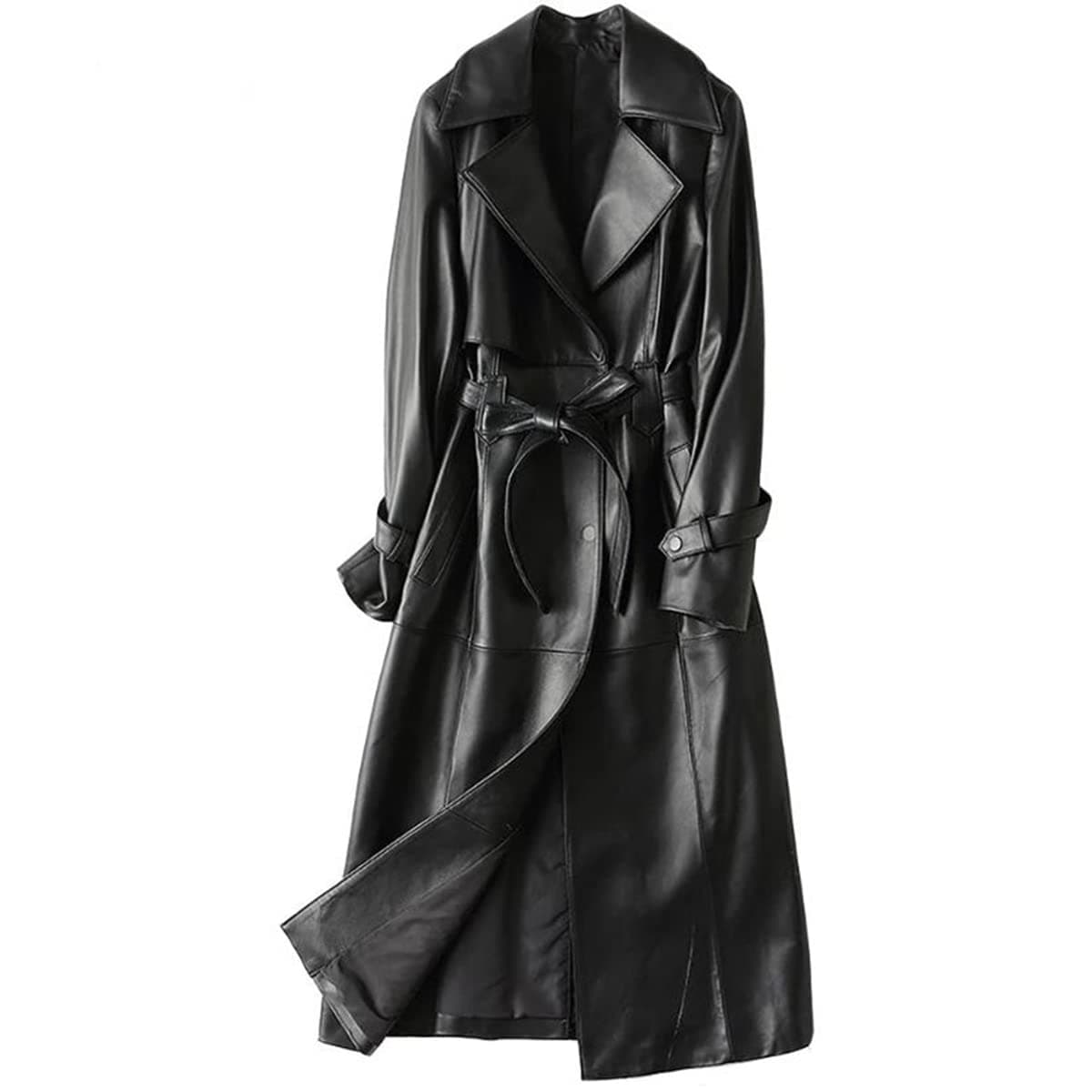 JILDISH Women's Fine Grain Leather Trench Coat - Ladies Black Lambskin Long Leather Over Coat with Belt