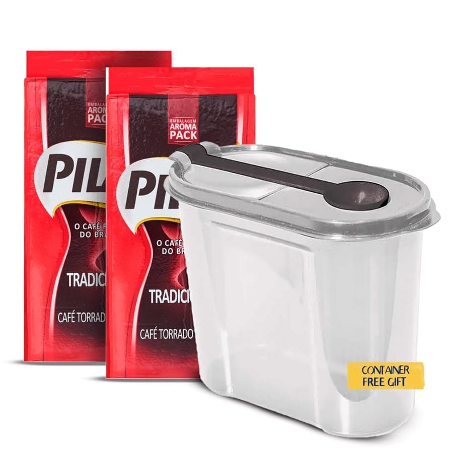 Pilao Roasted and Ground Coffee, Traditional, 2x 0.55 LB (2 Packs) | Finely Ground, Brazilian, Vacuum-Sealed | Free 54 fl oz Food Container With Spoon | Cafe Pilao Tradicional 2x 250g | Ganhe Pote Para Armazenamento e Colher