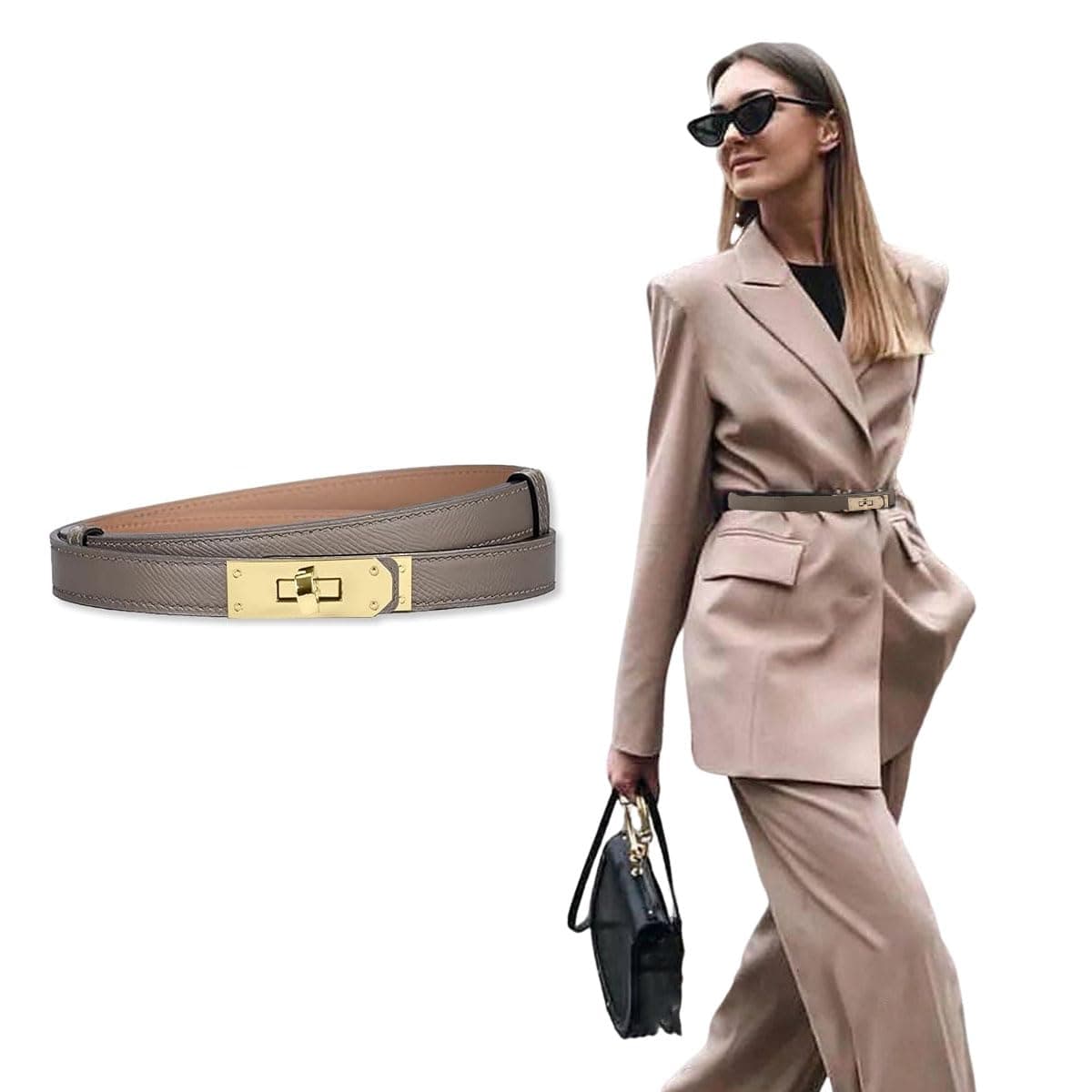 Goodern Women's Belt,Classic Ladies Skinny Belts Jeans Belt Buckle Dresses Thin Waist Belt,Vintage Alloy Adjustable Leather Belt Thin Waist Belt Decorative for Dress Jeans Trousers Overcoat-Grey