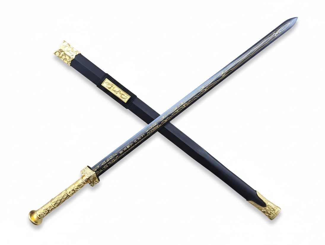 LOONGSWORD Han Jian Chinese Sword, Hand-Forged High Carbon Steel Full Tang Blade, Longquan Tai Chi Jian with Gold Alloy Fittings & Wooden Scabbard, Dragon Engraved Collectible for Display & Practice