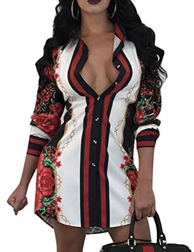 Women's Sexy Floral Print Simple Button Down Long Sleeve Collar Loose T-Shirt Blouse Tops Mini Dress