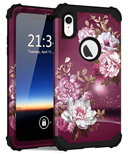 Hocasefor iPhone XR Case, Heavy Duty Shockproof Protection Soft Silicone Rubber+Hard Plastic Bumper Hybrid Dual Layer Protective Case for iPhone XR (6.1-inch) 2018 - Royal Purple Flowers
