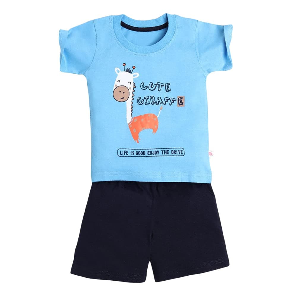 Baby Boys and Baby Girls Cotton Printed Tee with Short Set in Blue Color