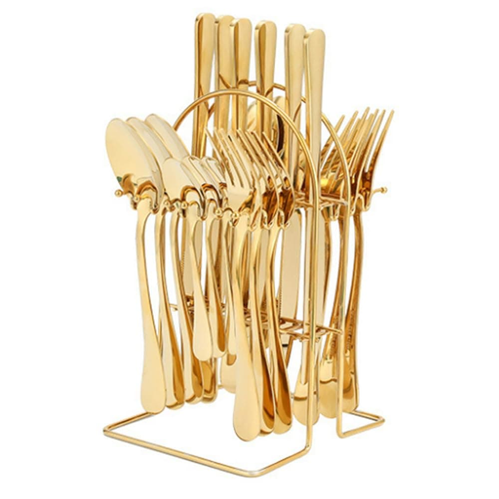 24 Pieces Tableware Set with Holding Stand, Stainless Steel Cutlery Set Flatware Utensils Including Steak Knife/Fork/Spoon (Gold)