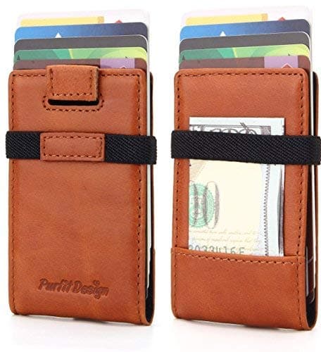 Amdieu Purfit Minimalist Wallet Genuine Leather Slim Wallet Front Pocket Wallet for Cards and Cash with Money Band Clip & RFID Blocking (Black) (Cognac)