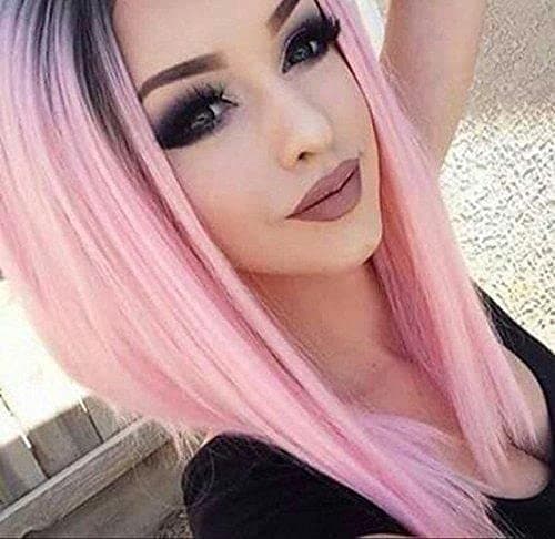 AISI HAIR Ombre Pink Wigs Straight Short Length Cosplay Costume Wigs for Women Middle Part Wigs Dark Roots Synthetic Wig