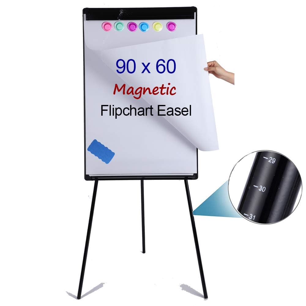 Portable Magnetic Dry Erase Board Easel 90 x 60 cm |Portable Whiteboard Flip Chart Easel with Tripod Stand, w/Flipchart Pad, Magnets & Eraser, Black