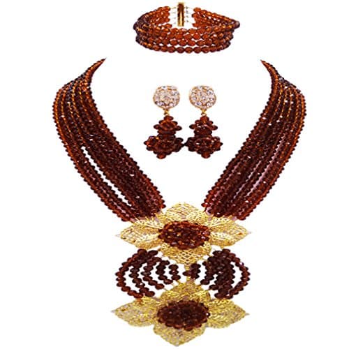aczuvFashion African Bead Necklace Nigerian Beads Wedding Jewelry Sets for Women (Brown)