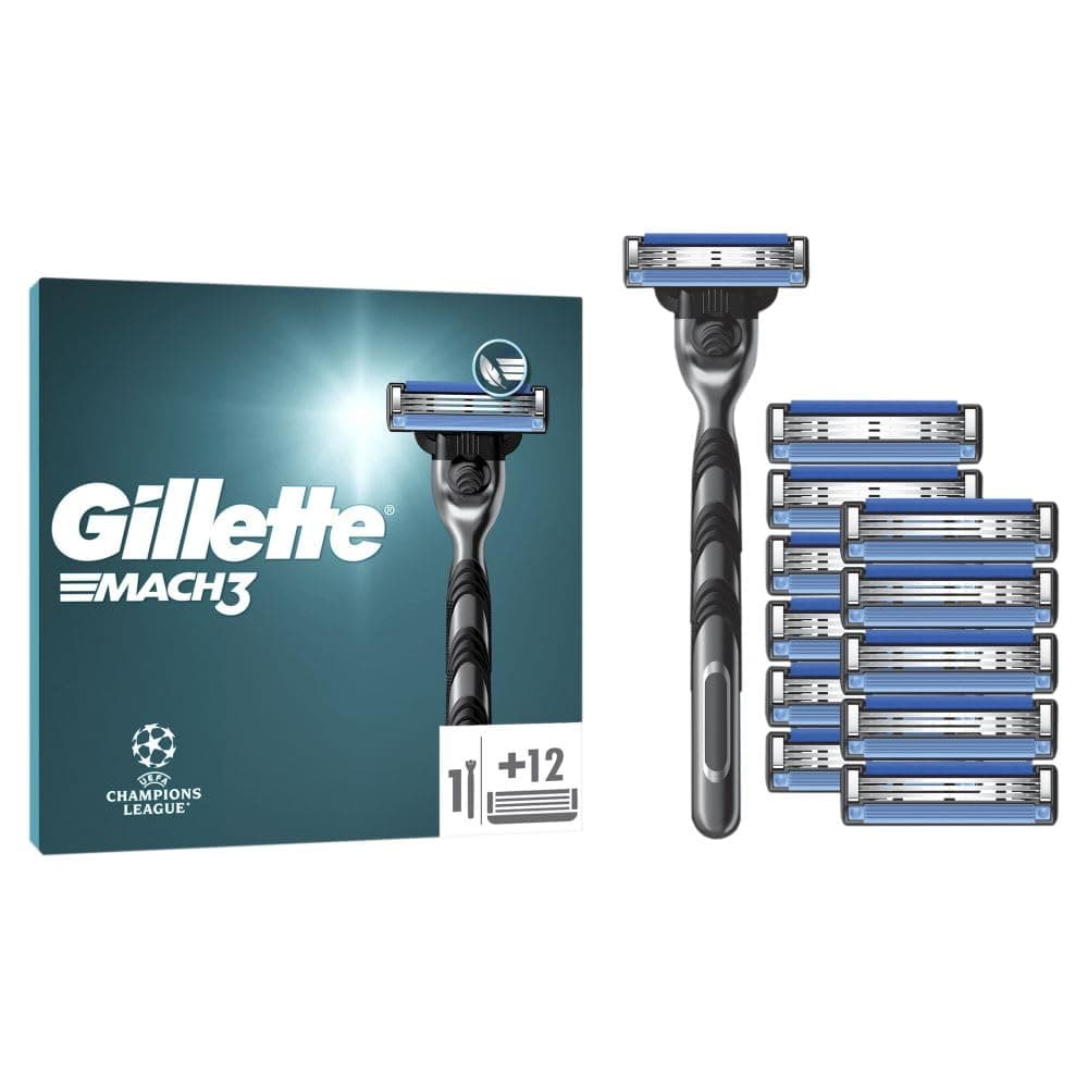 UEFA Champions League Special Edition Mach3 Razor for Men, 3-Bladed Razor, 1 Gillette Razor, 12 Razor Blade Refills, with Stainless Steel Handle