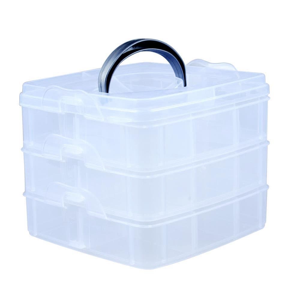 Three - Layer 18 Grids Slot Plastic Craft Storage Box|Stackable Jewellery Tool Container|Clear Plastic Stackable Storage Box for Storing & Organising Sewing Embroidery
