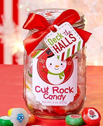 Mason Jar Filled Cut Rock Candy 8 Oz Jar Glass | Delicious Cut Rock Candy Individually Wrapped Lemon Lime Orange Tangerine | Tied with a Ribbon & Gift Tag | Christmas Holiday Gift Set Stocking Stuffer