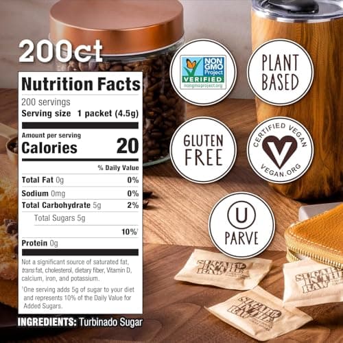 IN THE RAW Sugar Granulated Turbinado Cane Sugar On Go Packets, No Erythritol, Pure Natural Sweetener, Hot & Cold Drinks, Coffee, Baking, Vegan, Gluten-Free, Non-GMO, 200 Count Packets (2-Pack)