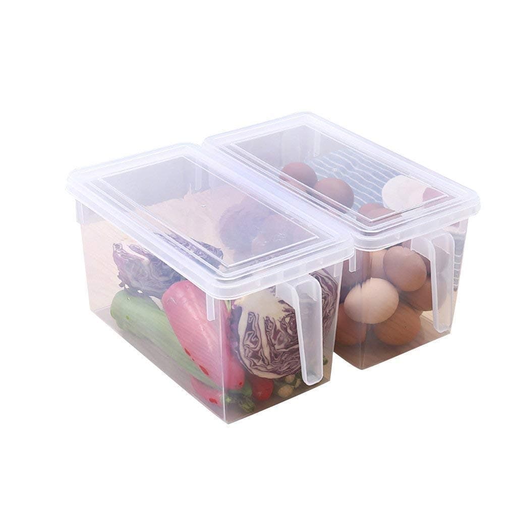 Brezzycloud Food Grade Plastic Fridge Storage Basket |​​​​​​​ Plastic Storage Containers | Square Handle Food Storage Organizer Boxes with Lids for Refrigerator Cabinet Desk (Set of 2)