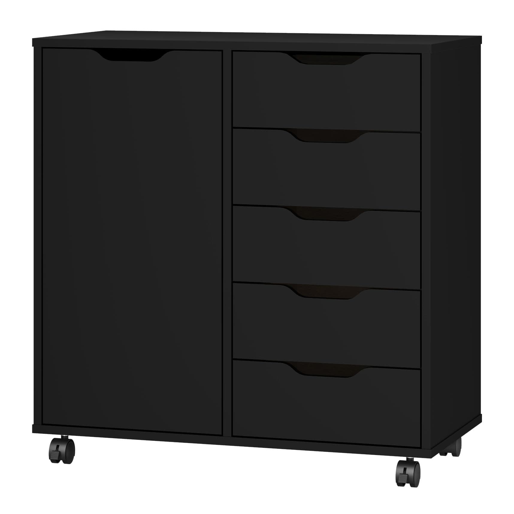 5-Drawer Chest with 1 Door, Wooden Chest of Drawers Storage Dresser Cabinet with Wheels, Office Organization and Storage, Bedroom Furniture (Black-S)