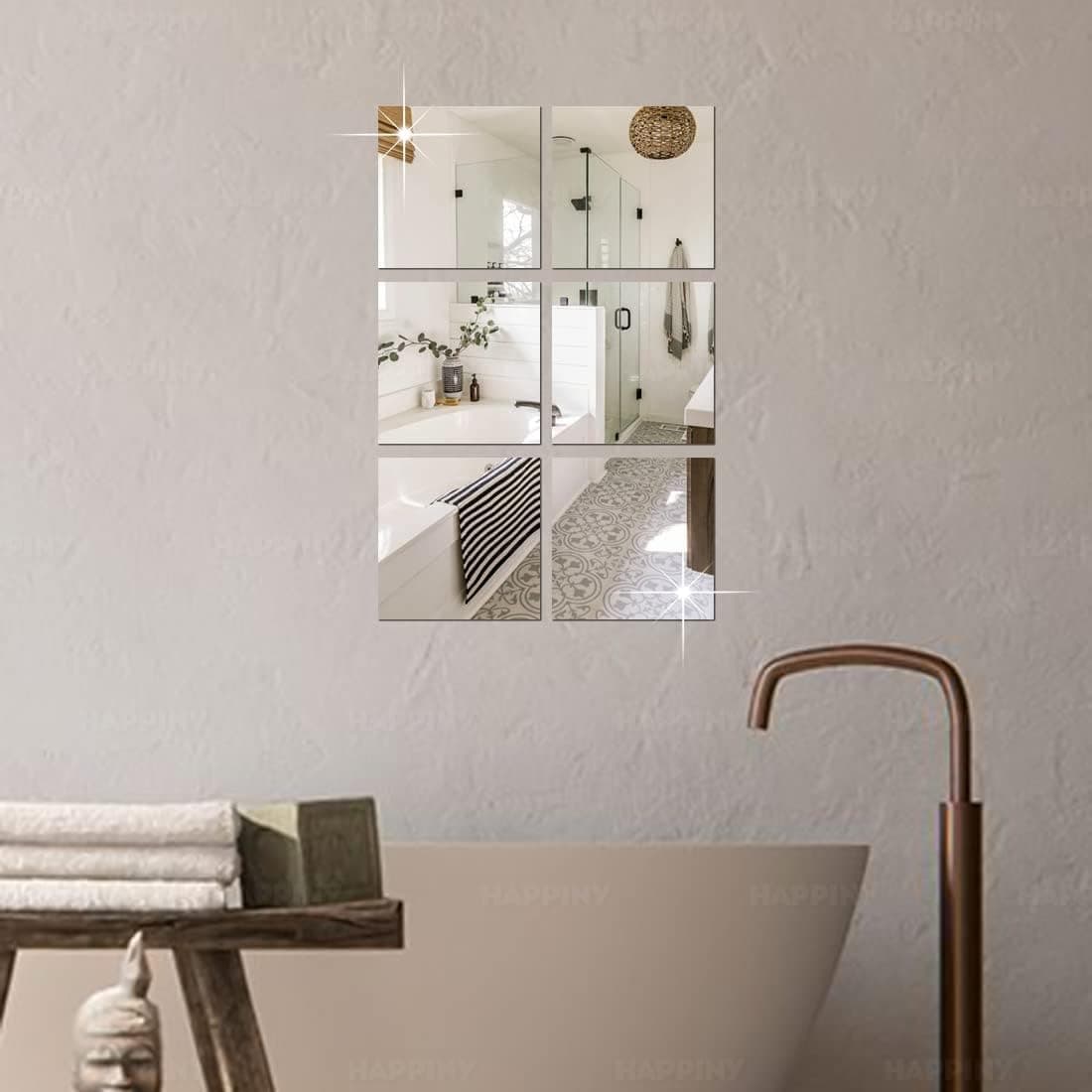 HAPPINY Acrylic Mirror Wall Stickers 6 Big Square (15 cm x 15 cm) (Black) (Silver)