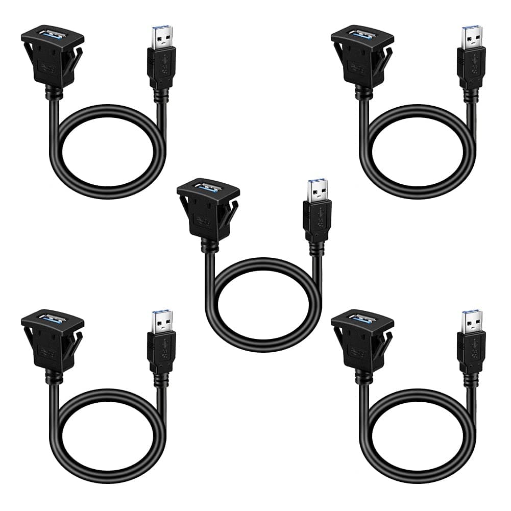 BATIGE 5 Pack Square Single Port USB 3.0 Flush Mount Extension Cable for Car Truck Boat Motorcycle Dashboard 1ft