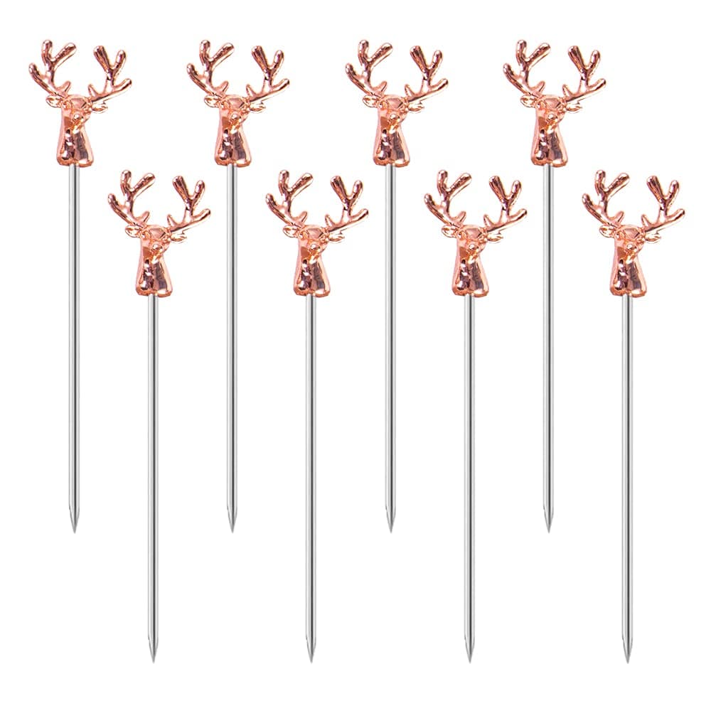 MewuthedeCocktail Picks,8 Piece Stainless Steel Deer Head Shape Martini Picks Reusable Toothpicks Fruit Picks for Olives, Appetizer, Sandwiches, Cherries (Rose Gold)