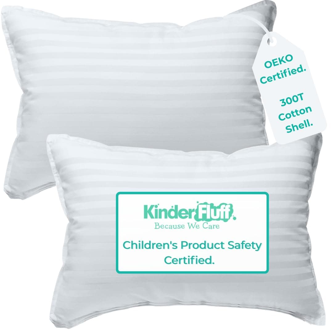 kinder Fluff Toddler Pillow (2pk) - The only Pillow for Kid 300T Soft Cotton & Down Alternative, Hypoallergenic & Machine Washable. Ideal Small Pillow for Toddler Bed & Travel pillow (33x46cm - White)