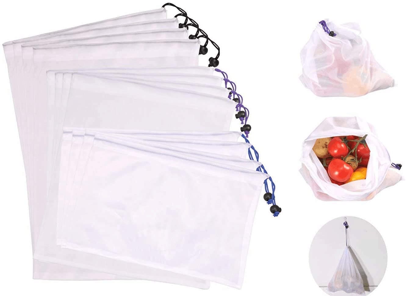 OMALOO Reusable Produce Bags Mesh Bags Washable Eco Friendly Grocery Shopping Storage Bags for Fruit Vegetable Toys, 4 Large * 4 Medium * 4 Small (Set of 12)