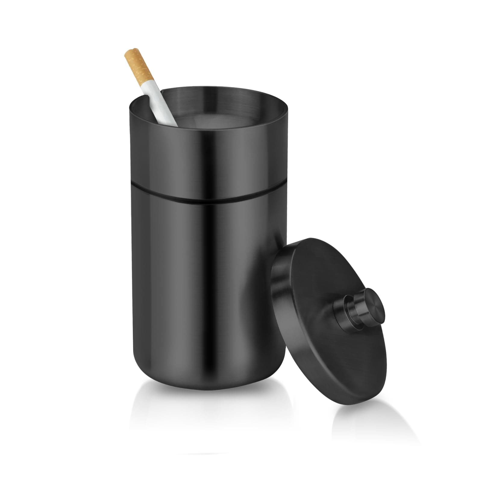 Car Ashtray with Lid Smell Proof Stainless Steel Portable Ash Tray for Car Cup Holder Detachable Windproof Extinguished Cigarette Bucket Automotive Ashtrays for Outdoor Home Office Black