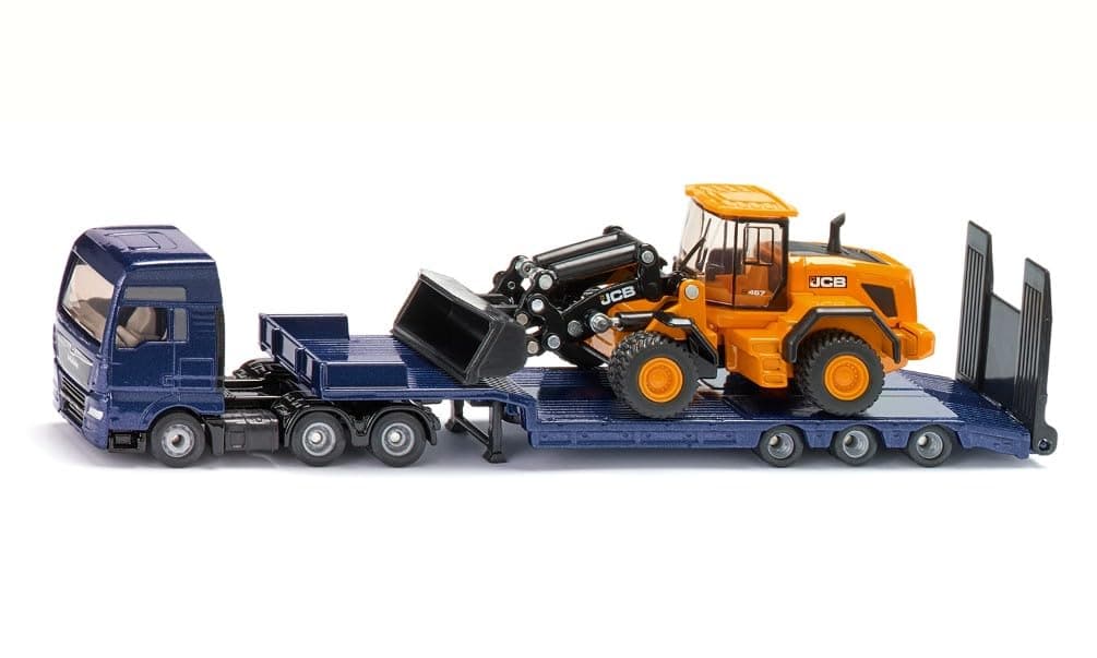 Siku 1790, Man Lorry with Low Loader and JCB Wheel Loader, 1:87, Metal/Plastic, Blue/Yellow, Folding ramp, Movable Loading arm