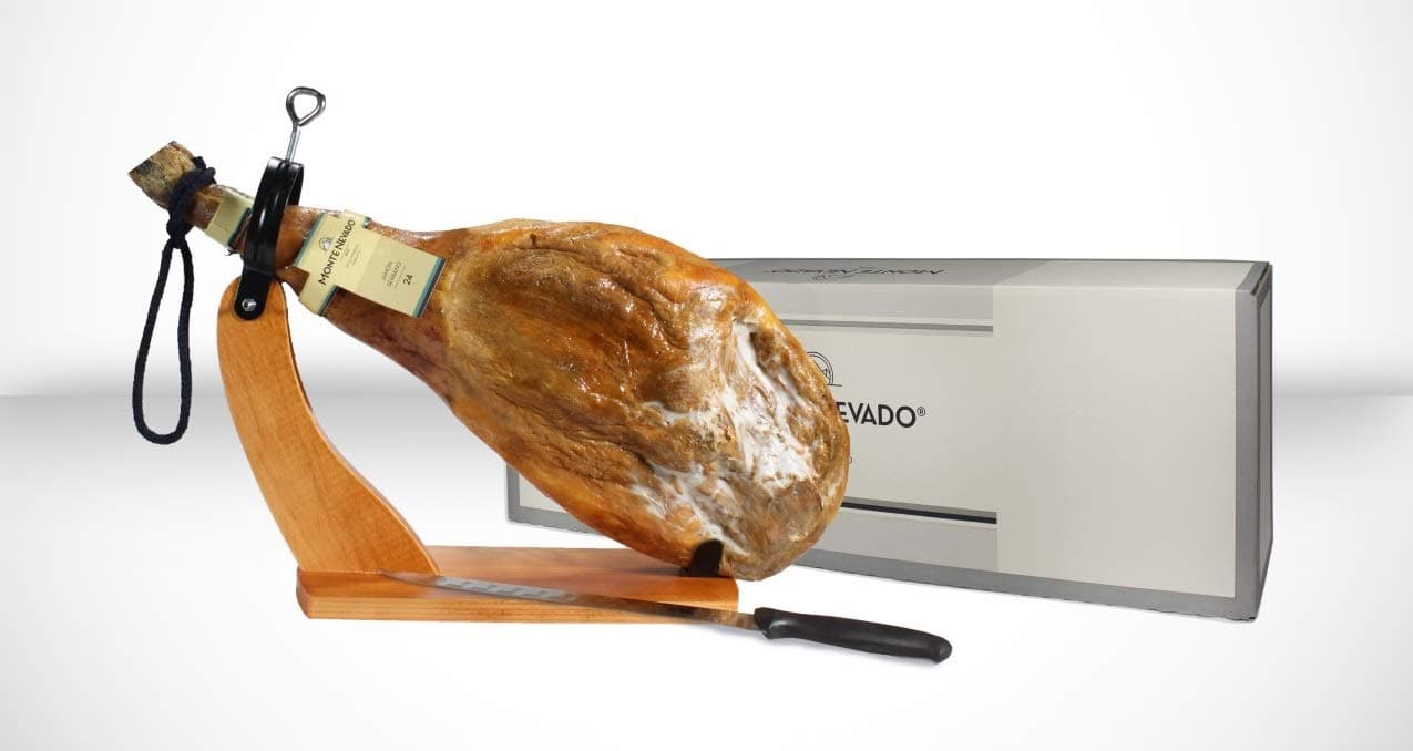 Serrano Ham Bone in from Spain 16-17 lb + Ham Holder + Knife | Cured Spanish Ham 24 Mounths