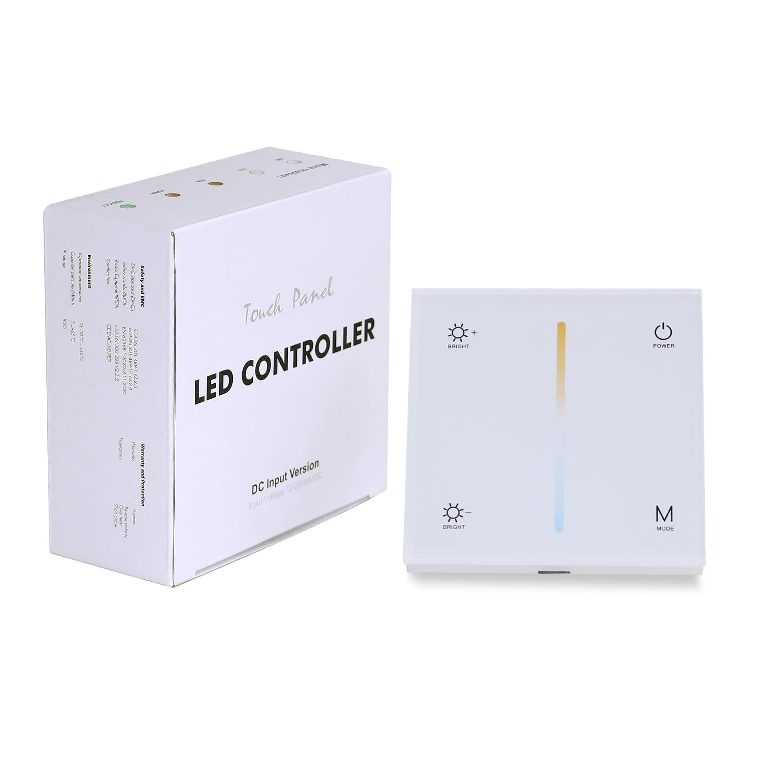 CCT LED Wall Controller, 12-48V 2CH x 5A/CH Dimmer Remote Control RF 2.4GHz Wireless Remote Control 30M Control for 270K-6500K White Adjustable and Dimmable (86 x 86 x 33 mm)