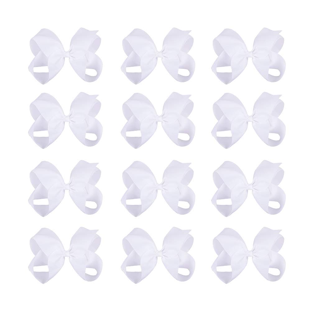 DEEKA 12 PCS 6" Big Hand-made Grosgrain Ribbon Hair Bow Alligator Clips Hair Accessories for Little Teen Toddler Girls - White
