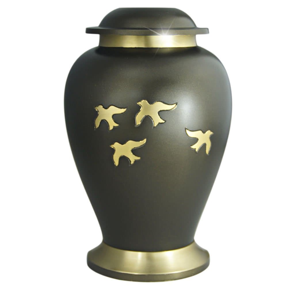 MEILINXU Funeral Urn Cremation Urns for Human Ashes Adult and Memorial - Hand Made in Brass & Hand Engraved - Display Burial Urn at Home or in Niche at Columbarium (Aria Birds Gold, Large Urn