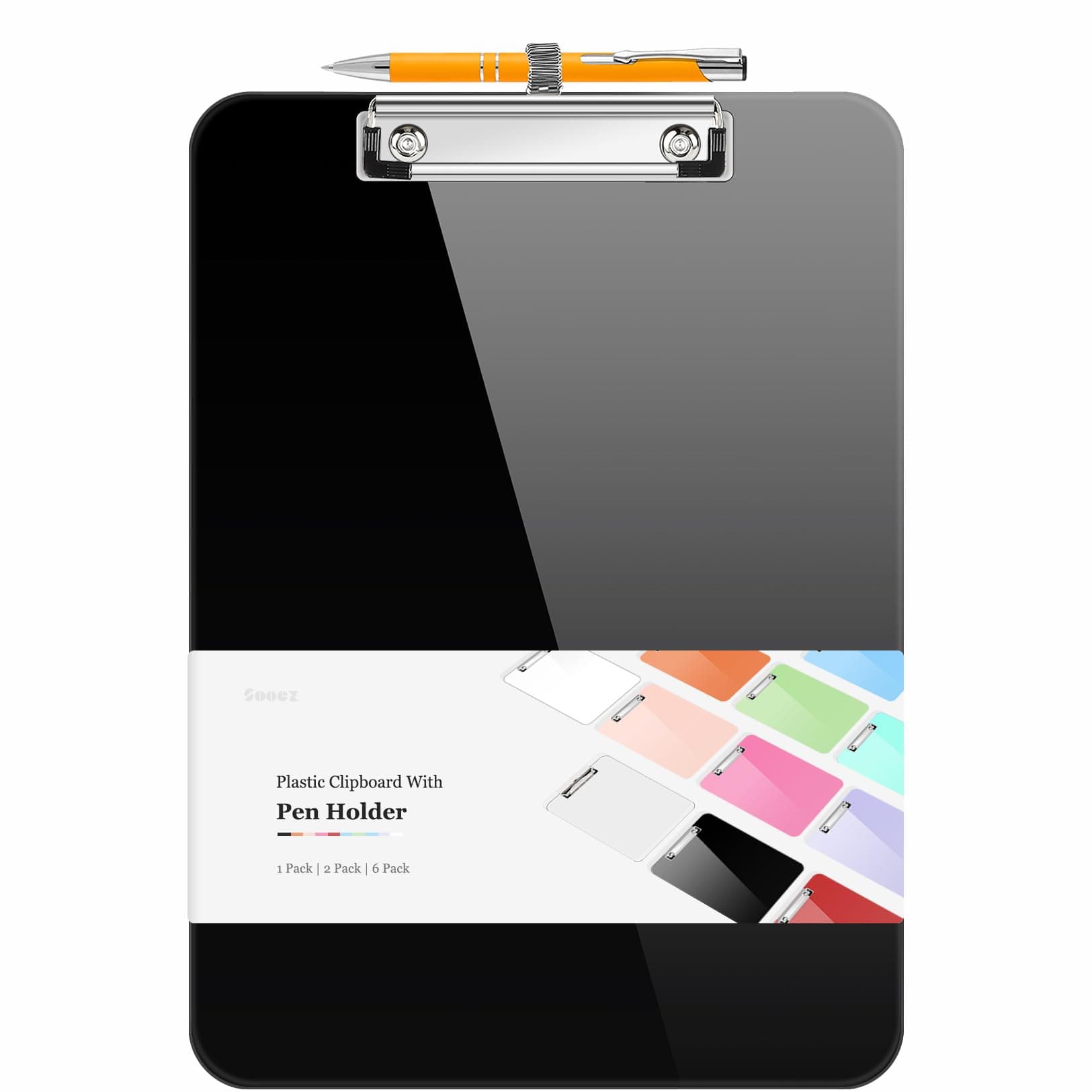 Sooez Plastic Clipboard with Pen Holder, [10% Thicker] Clip Boards 8.5x11 with Low Profile Clip, Cute Hanging Clipboard, Standard Letter Size A4 for Women Teacher, Office & School Supplies, Black