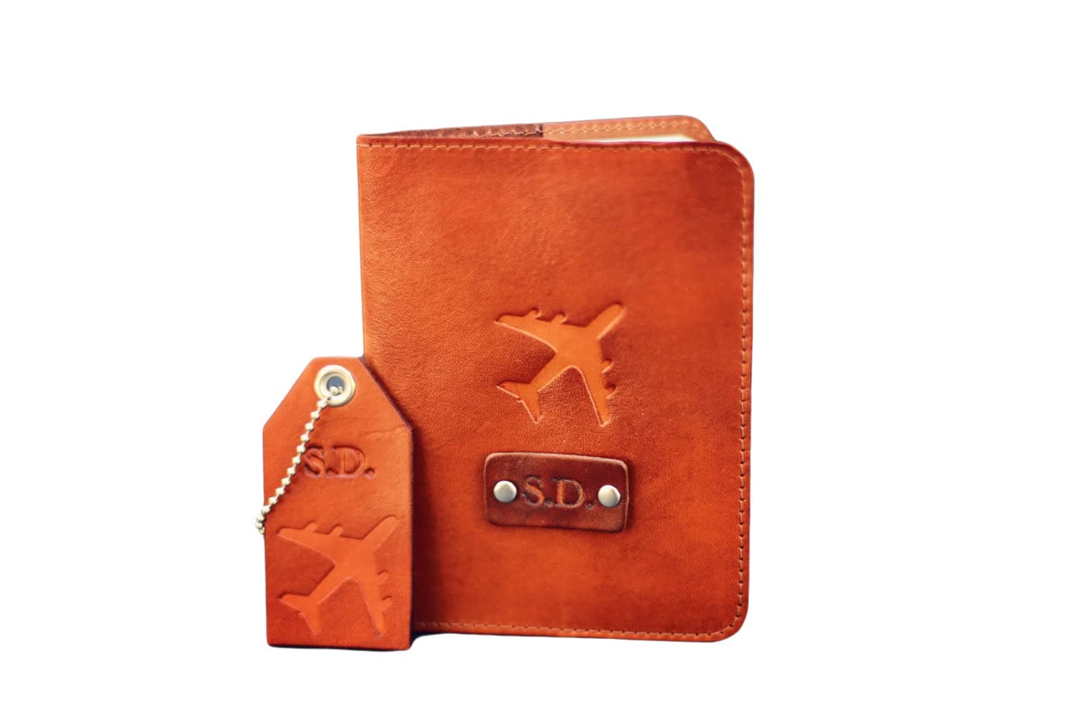 A set of Personalized Real Leather Passport Holder and a Luggage Tag, Airplane, gift set, Custom name initials
