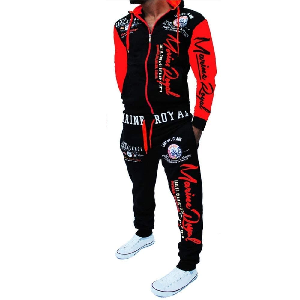 Men 's Casual Tracksuit Hooded Full Zip Elastic Waistband Sweatsuit Set