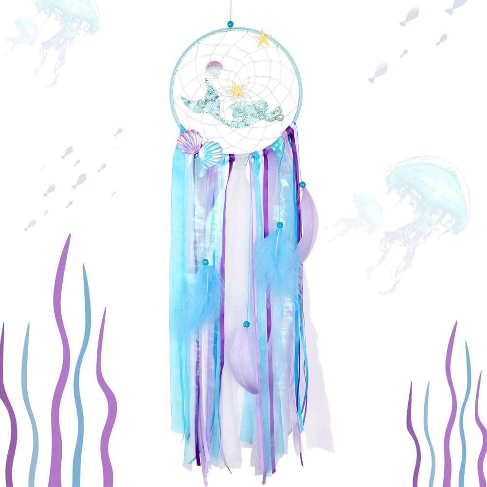 OurWarm Mermaid Dream Catcher for Girls Room Wall Decor, Big Handmade Blue Dreamcatcher with Colorful Feathers for Kids Bedroom Hanging Decor, Under The Sea Mermaid Birthday Baby Shower Party Supplies