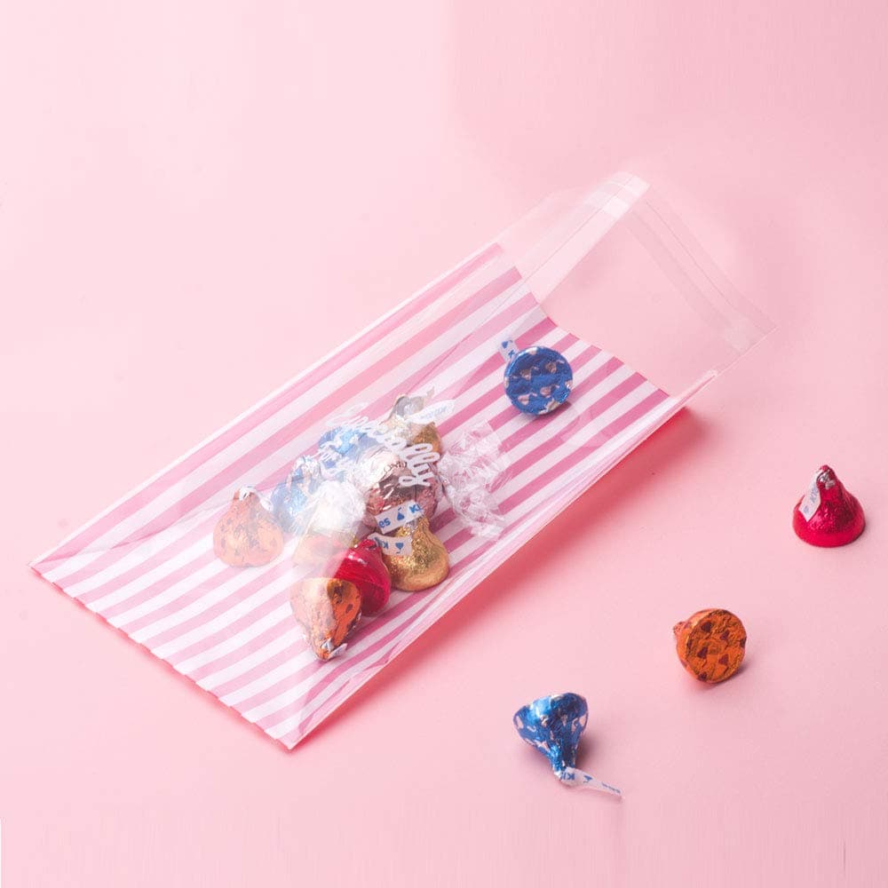 We Moment Red Stripes Self Adhesive Clear Cello Bags Candy Treat Plastic cellophane Party Favor Bags,Pack of 100