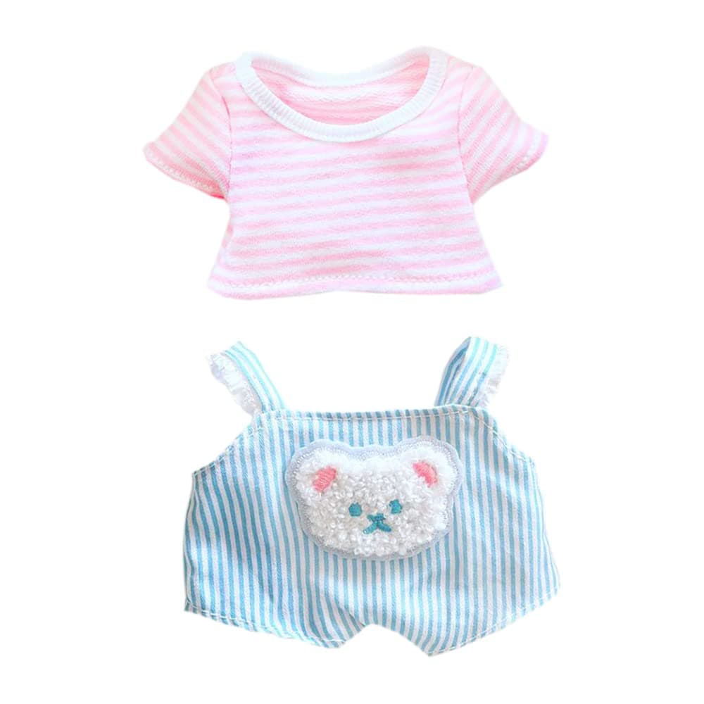 niannyyhouse 20cm Plushie Doll Clothes Bear Overalls Striped T-Shirt Kpop Doll Clothing (Pink)