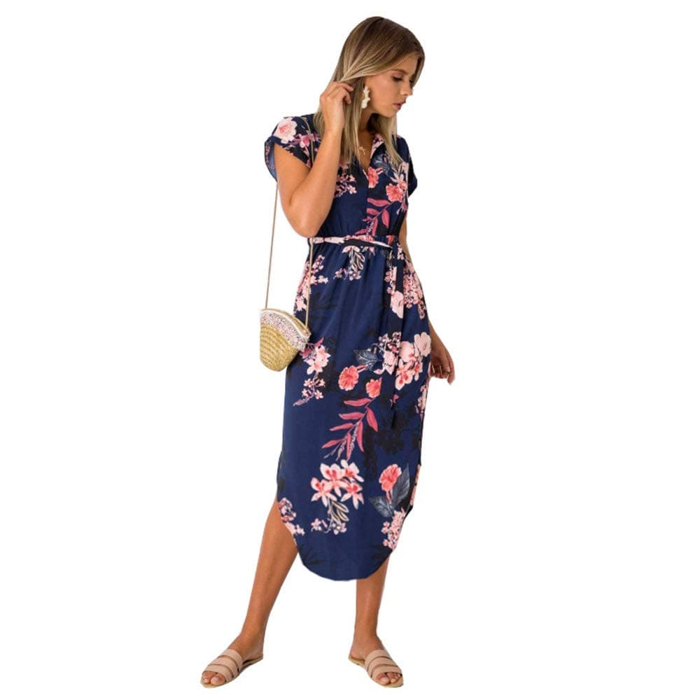 LitBud Womens Midi Dresses Summer V-Neck Short Sleeve Casual Office Geometric Belted Dress